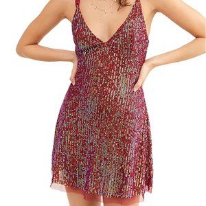 Free People Gold Rush Mini Dress Wine Combo Sequin Size M Tie Back (NWT)